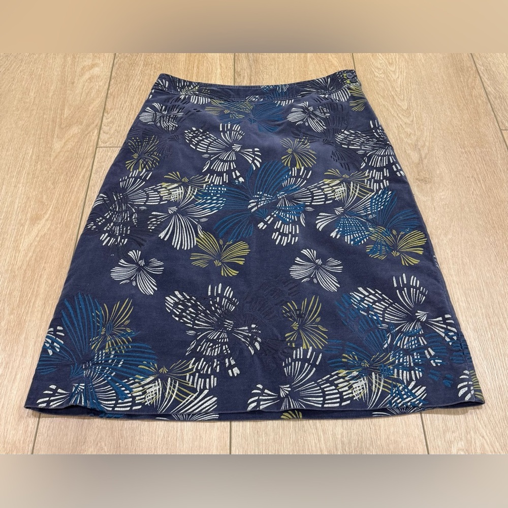 White Stuff Navy Velvet Feel Abstract Floral A-Line Midi Skirt Size 8